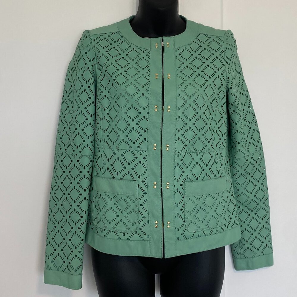 Luisa Spagnoli Long Sleeve Teal Genuine Leather Jacket Women's Size Medium 40